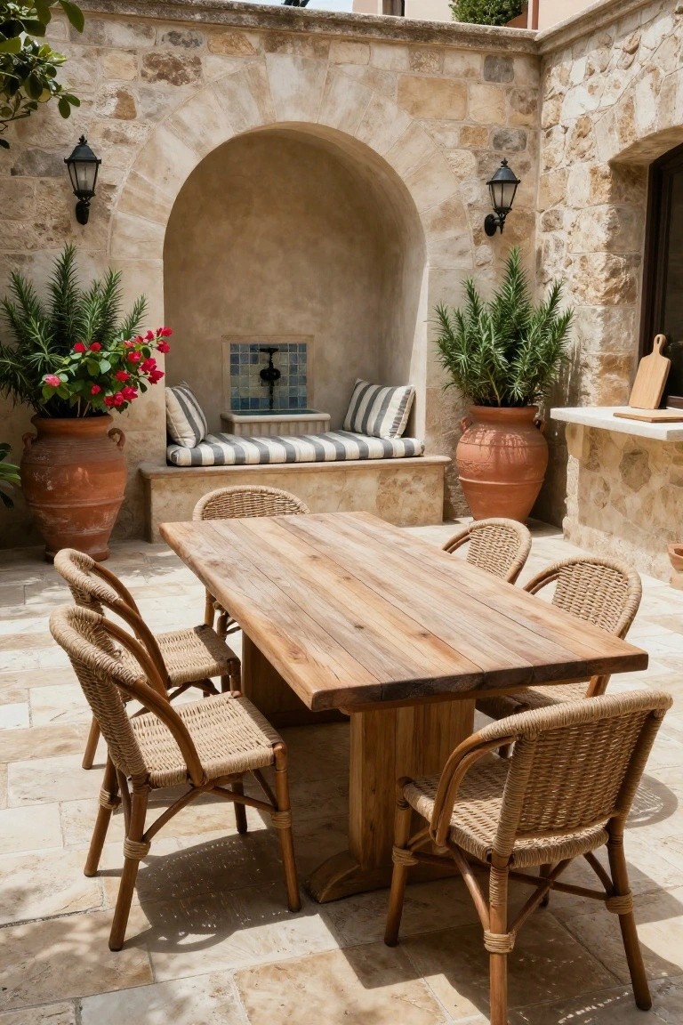 A large wooden dining table with woven chairs on a stone patio in front of an arched niche with built-in seating.