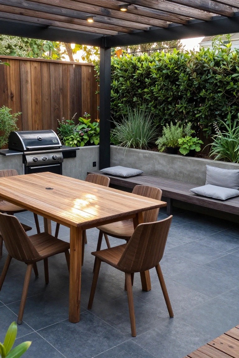 Modern wooden patio dining table with chairs, bench, grill, and lush plants under pergola