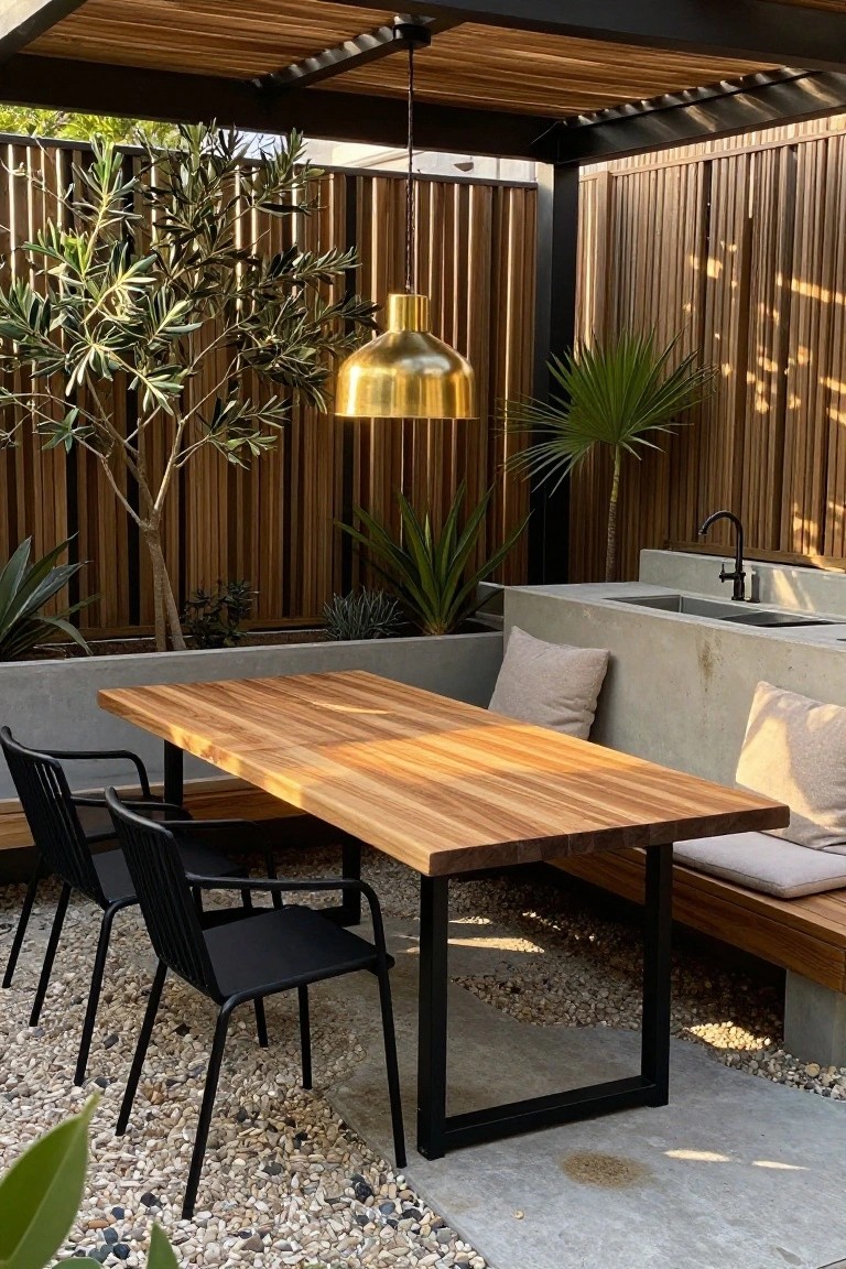 A long wooden dining table with black metal legs on a gravel and concrete patio, accompanied by black metal chairs, a built-in bench with cushions, an outdoor sink, and surrounding plants under a wooden pergola.