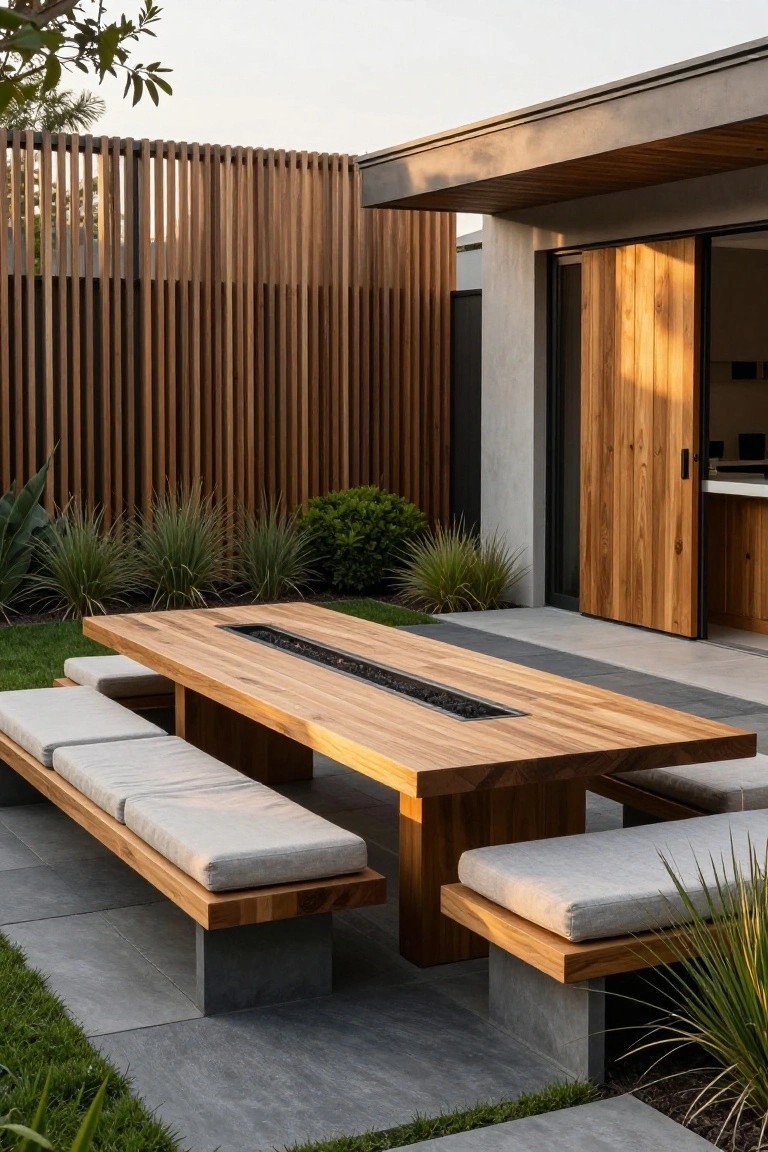 Modern wooden table with built-in fire pit and cushioned benches on stone patio.