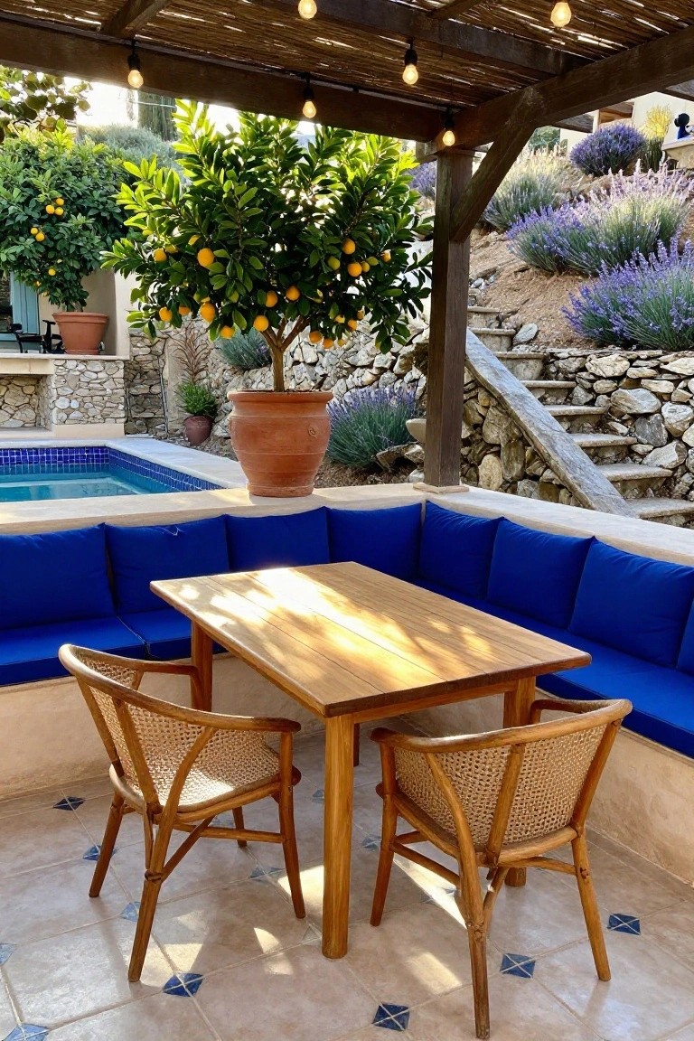 A wooden outdoor dining table under a pergola with built-in blue cushioned benches, two woven chairs, and a large potted citrus tree nearby.