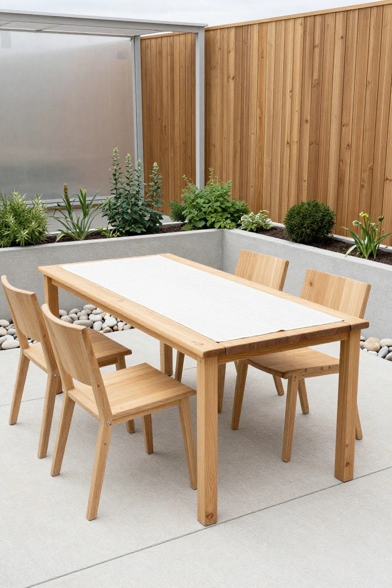 A long wooden dining table with four matching chairs on a concrete patio, positioned next to raised concrete planters filled with green plants and backed by a wooden fence.