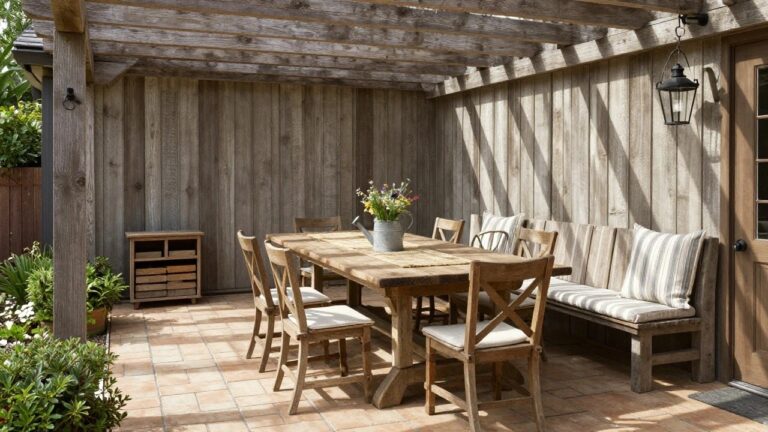 25 Inviting Wooden Patio Dining Areas Designed for Easy Outdoor Gatherings Rustic wooden patio table with floral centerpiece, chairs, and bench on brick floor