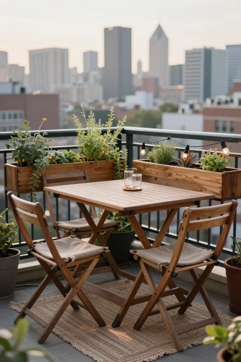 A wooden square dining table with four folding chairs sits on a city balcony with planter boxes along the railing and string lights overhead.
