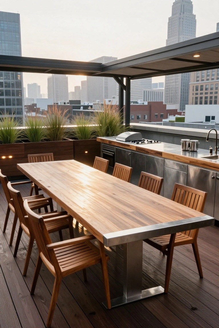Rooftop deck with long wooden dining table, chairs, stainless steel kitchen, city skyline beyond