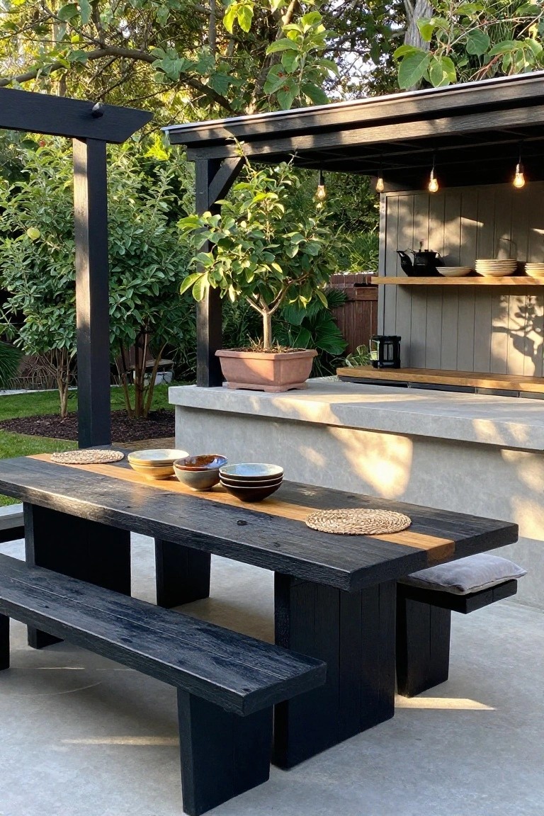 A long dark wooden dining table with benches on a patio next to a concrete outdoor kitchen counter and a potted tree.