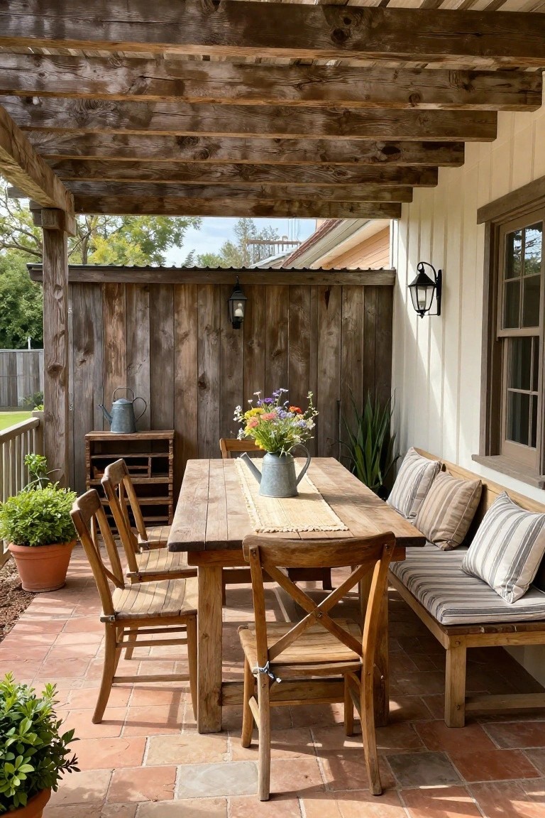 Rustic wooden patio table with floral centerpiece, chairs, and bench on brick floor