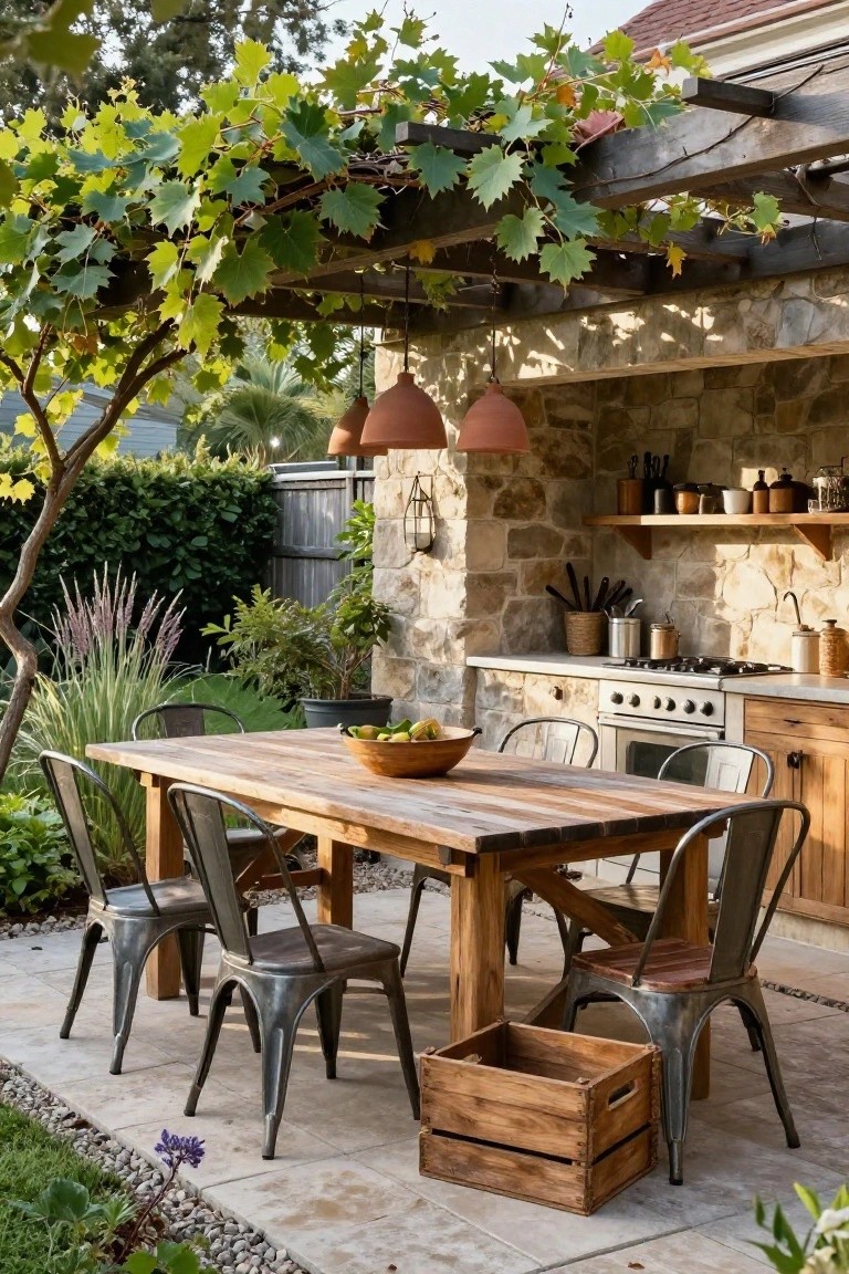 A long wooden dining table with metal chairs sits under a vine-covered wooden pergola beside a stone outdoor kitchen with a stove and shelves.