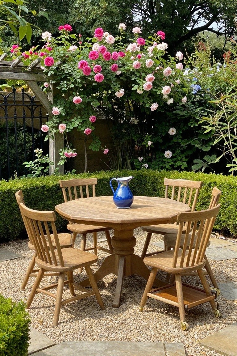 A round wooden pedestal dining table with six wooden chairs arranged around it on gravel, with a blue ceramic pitcher in the center and a rose-covered trellis in the background.