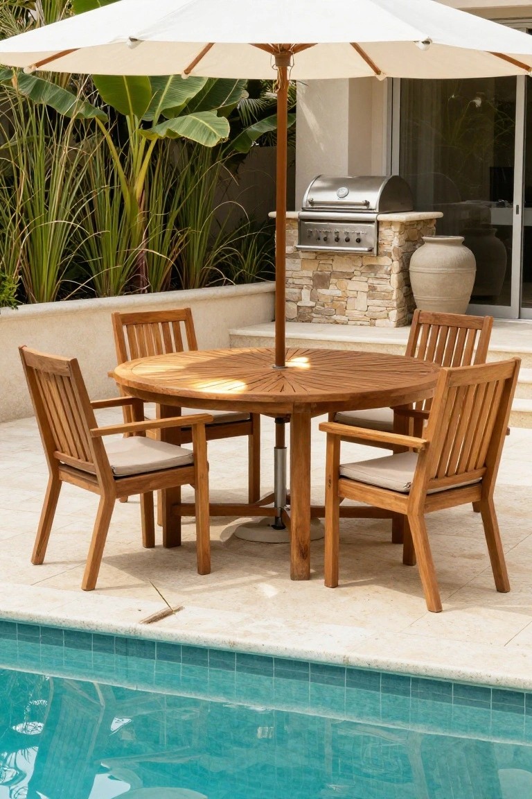 A round wooden dining table with four chairs and a large white umbrella is positioned on a stone patio next to a swimming pool, with a built-in grill visible in the background.