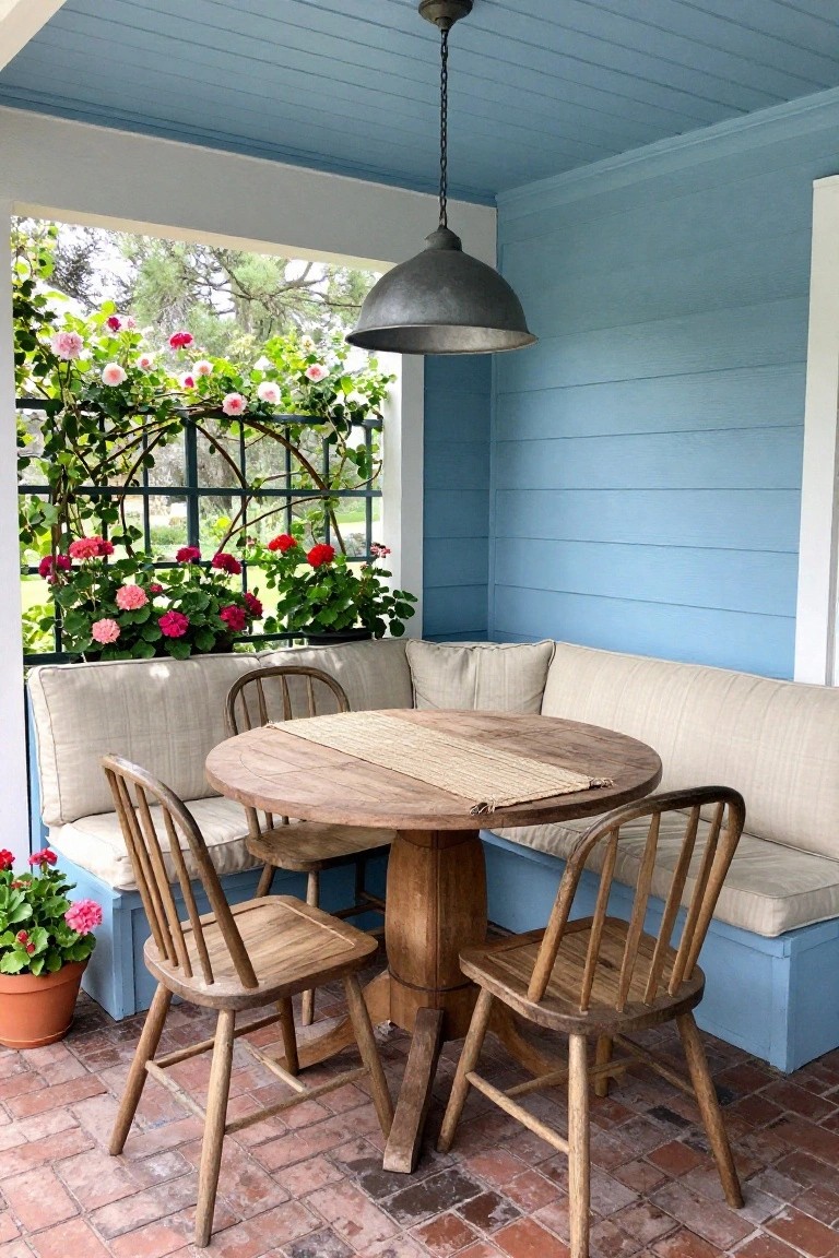 A round wooden pedestal table with several wooden chairs and a cushioned built-in bench on a blue porch with brick flooring.