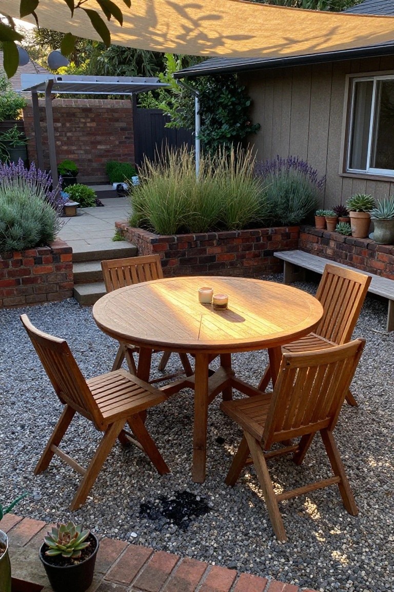 A round wooden dining table with four folding wooden chairs sits on gravel under a beige shade sail, surrounded by brick raised beds and potted plants.