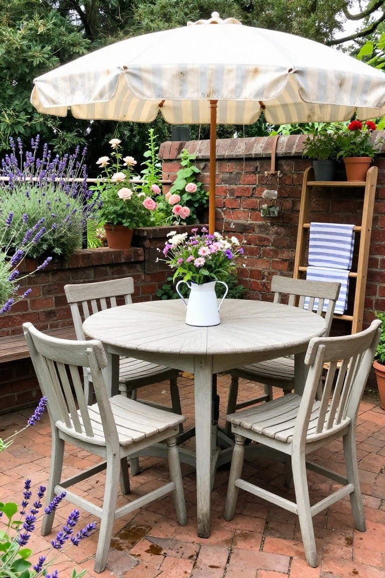 A round wooden patio dining table with four chairs arranged under a large striped umbrella on a brick surface, with a white pitcher of flowers centered on the table.