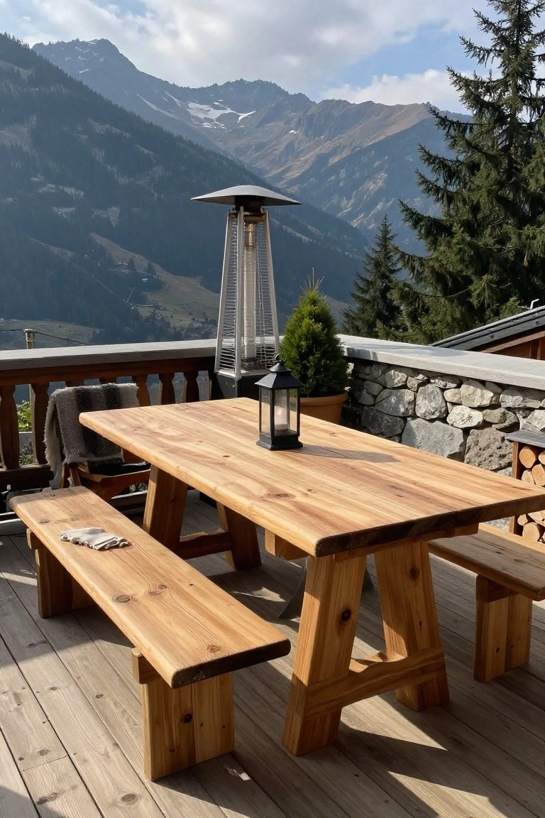 A wooden picnic-style dining table with benches on a wooden deck, set against a mountain landscape with a patio heater and lantern on the table.