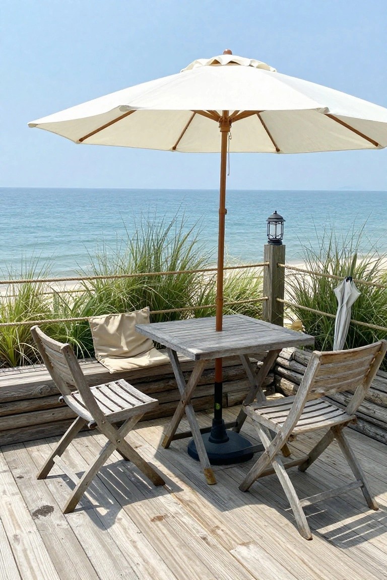 A wooden deck with a square dining table, two folding wooden chairs, and a large white umbrella positioned over the table, overlooking the ocean with tall grass in the background.