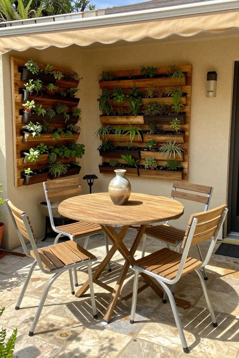 A round wooden patio table with four chairs sits on stone tiles under a beige awning, with two large vertical wooden wall planters filled with plants mounted on the beige wall behind it.