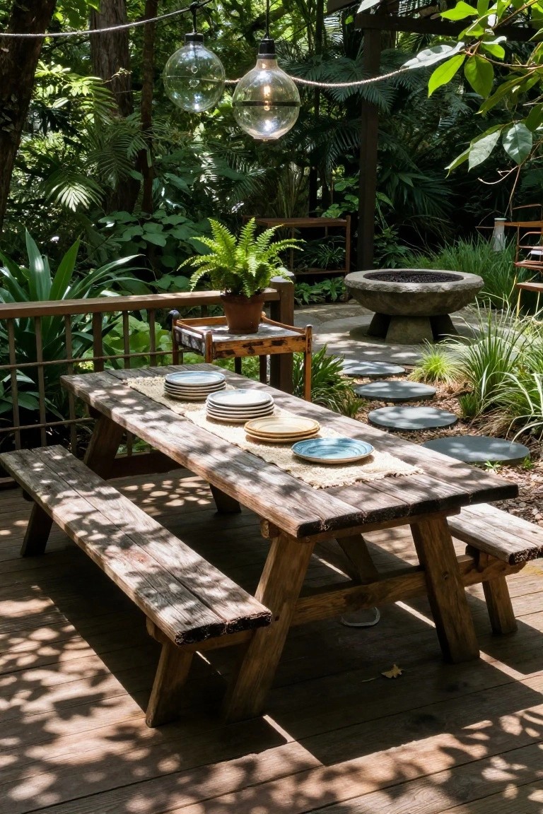 A weathered wooden picnic table with attached benches sits on a deck, set with stacked plates and a burlap runner beneath hanging glass pendant lights, with a stone fire pit and dense greenery in the background.