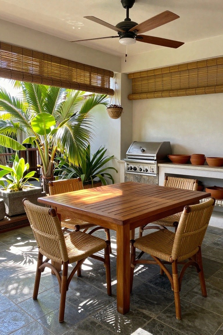 A square wooden dining table with four woven rattan chairs on a tiled outdoor patio next to a built-in grill, with bamboo blinds and tropical plants visible.