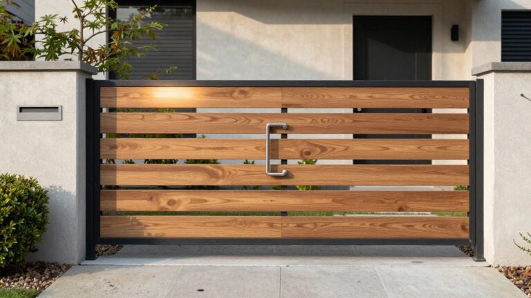 22 Minimalist Wooden Gate Designs in Sleek Slatted Wood Styles A wooden gate with horizontal slats in a dark metal frame stands at the entrance of a house with a black door.