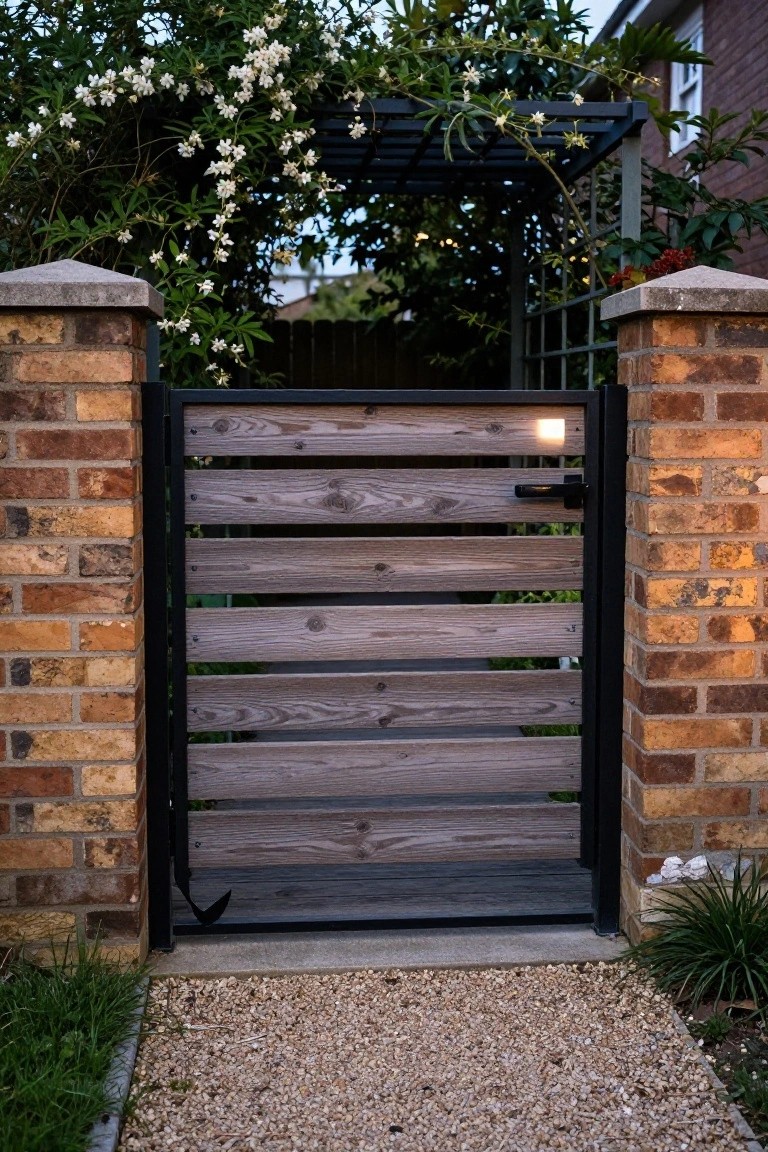 Wooden horizontal slat gate with black frame between brick pillars amid greenery