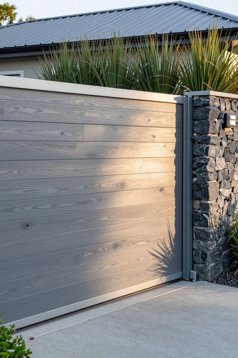 A gray wooden gate with horizontal slats stands next to a stacked stone pillar at the edge of a concrete driveway.