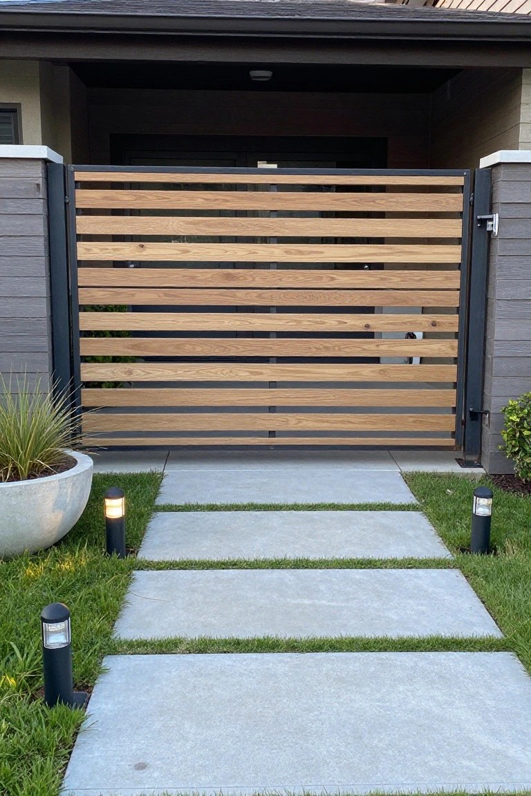 Modern wooden horizontal slat gate with black frame and concrete paver path