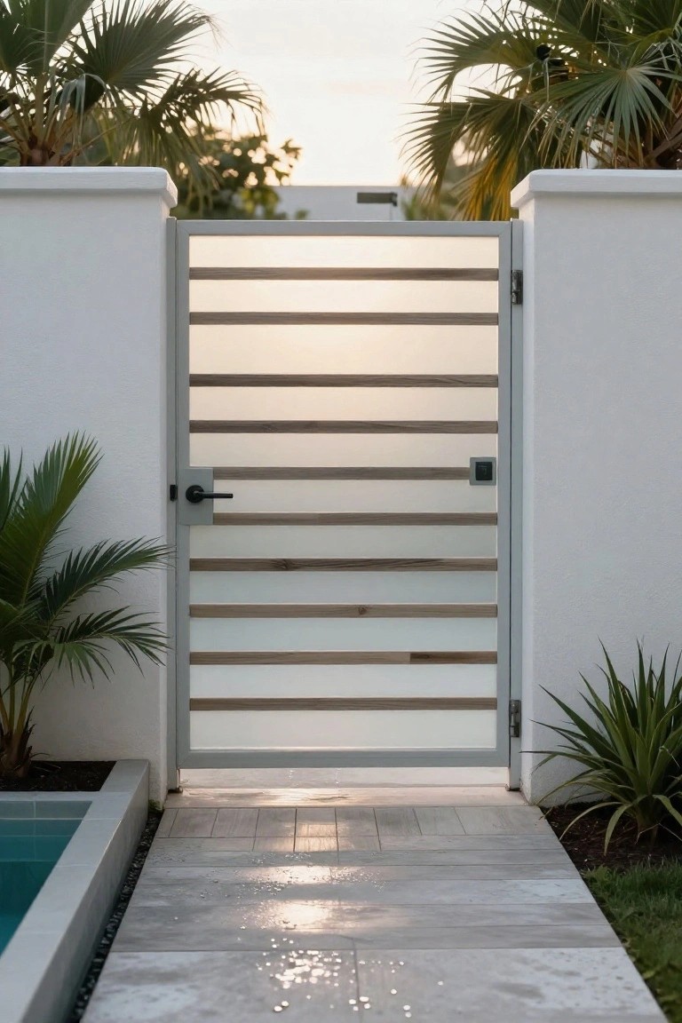 Modern white gate with horizontal wood slats on stone path between stucco walls at sunset