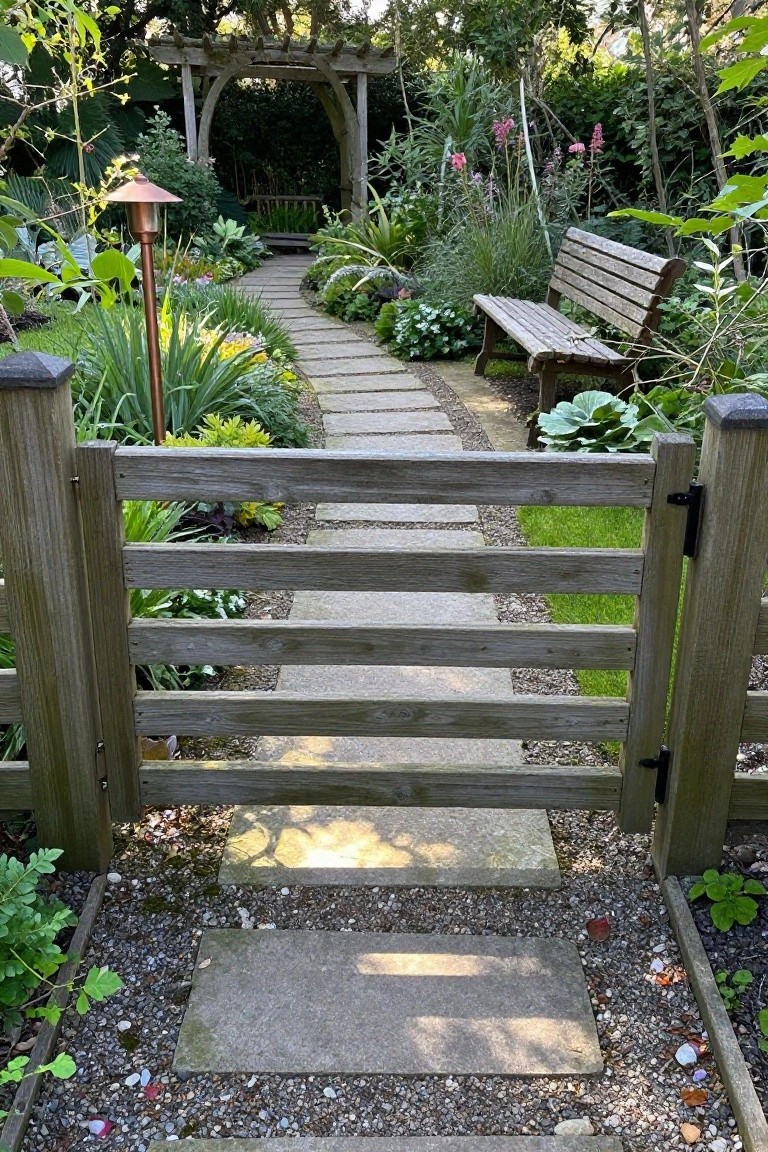 Open wooden gate frames stone path, bench, and pergola in lush garden.