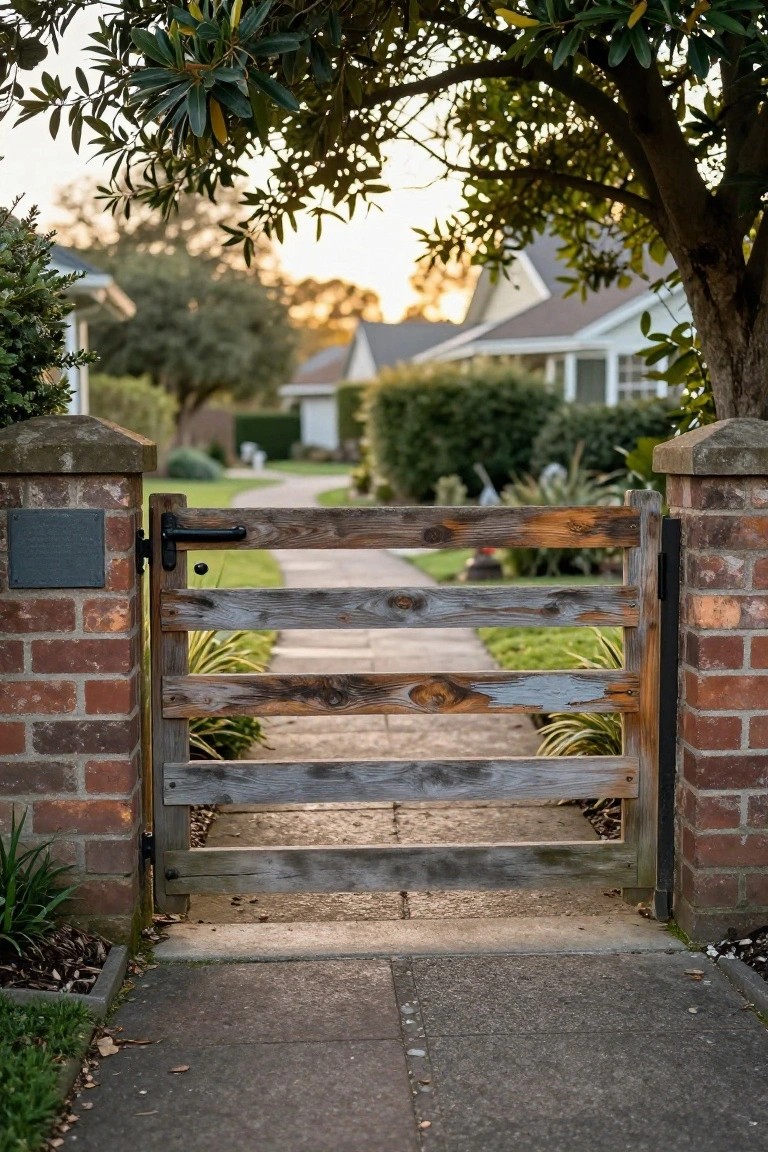 Weathered wooden gate between brick pillars opens to suburban path at sunset.