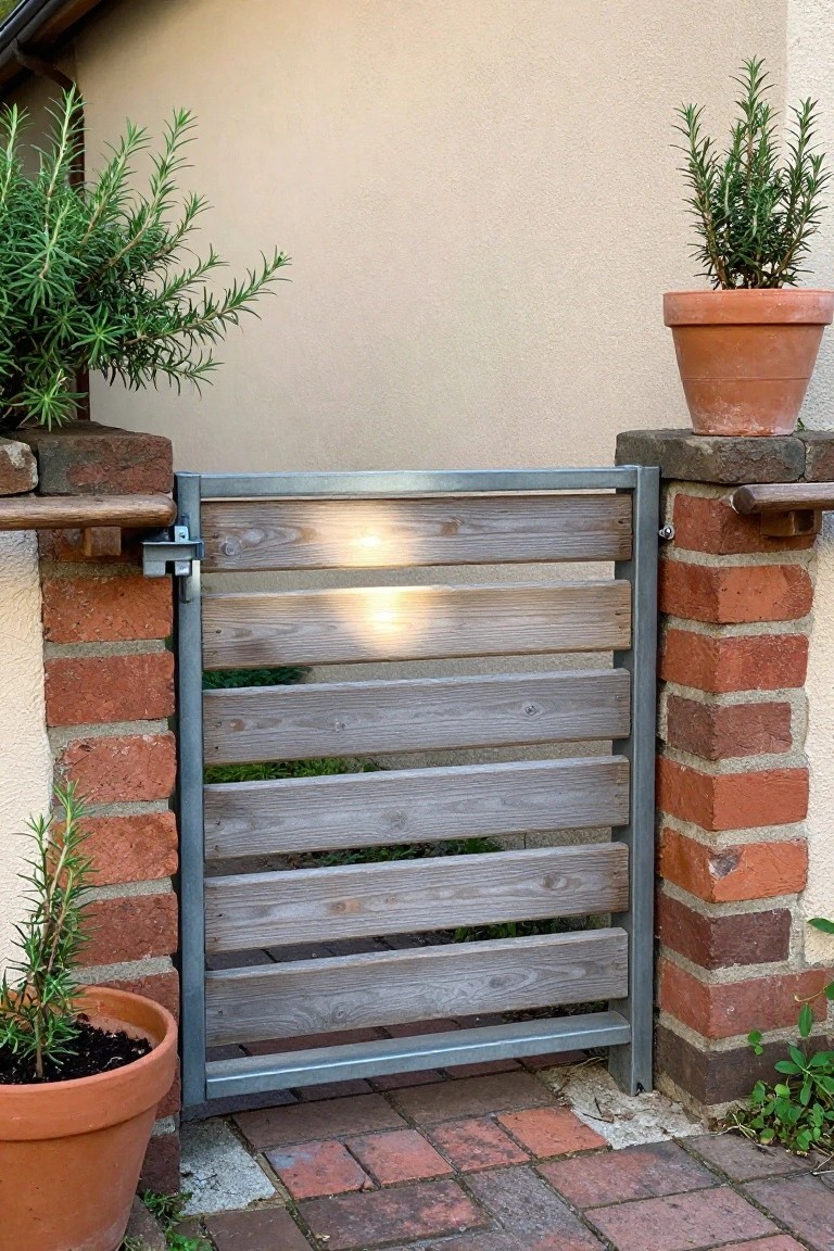 Weathered gray wooden gate with horizontal slats in metal frame between brick pillars and potted plants