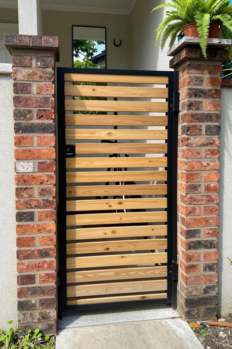 A wooden gate with horizontal slats in a black metal frame stands between two brick pillars at a home entrance.