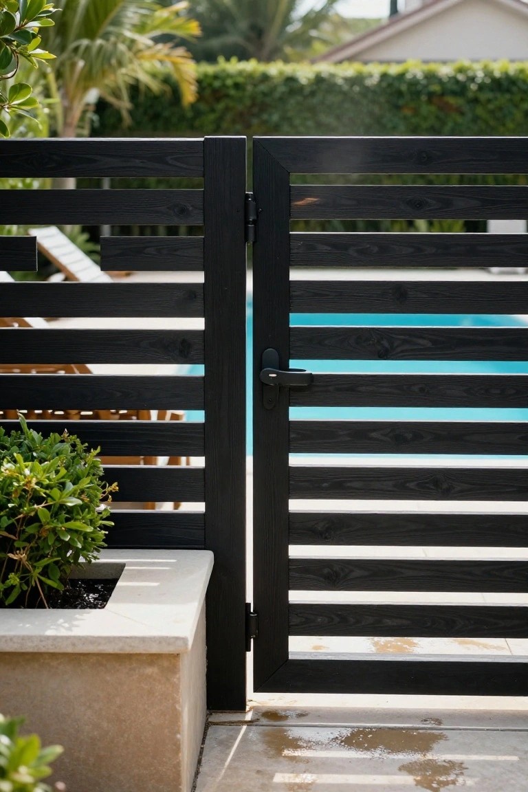Black wooden slatted gate ajar revealing turquoise pool and concrete planter.