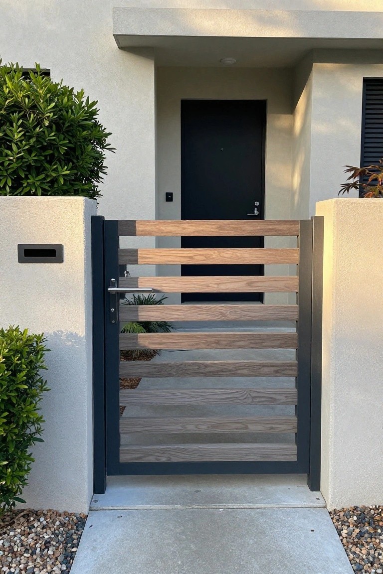A wooden gate with horizontal slats in a dark metal frame stands at the entrance of a house with a black door.
