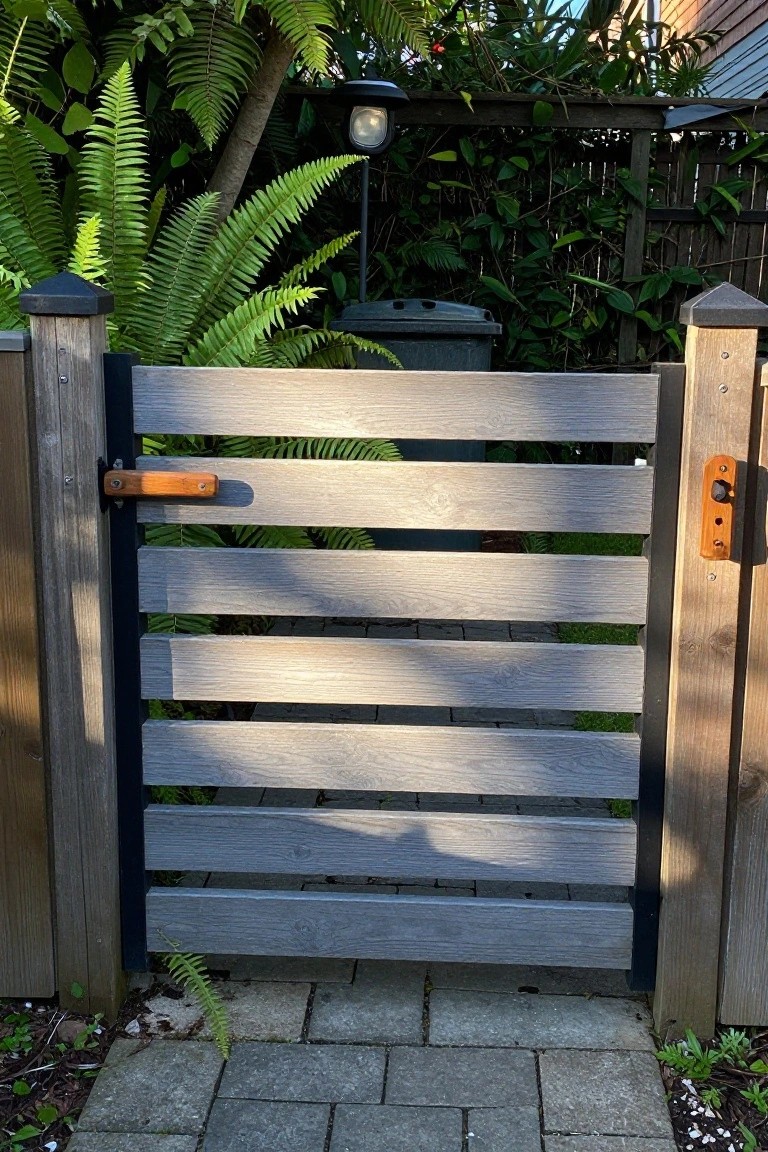 A wooden gate with multiple horizontal gray slats set between two posts, shown from the front on a stone path with greenery behind it.