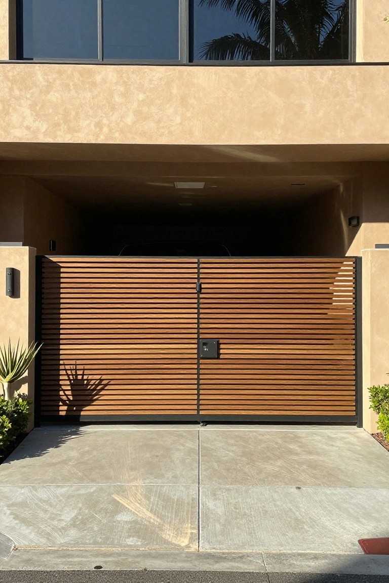 A modern house exterior with a double garage door made of horizontal wooden slats in a black frame, set against a beige stucco wall.