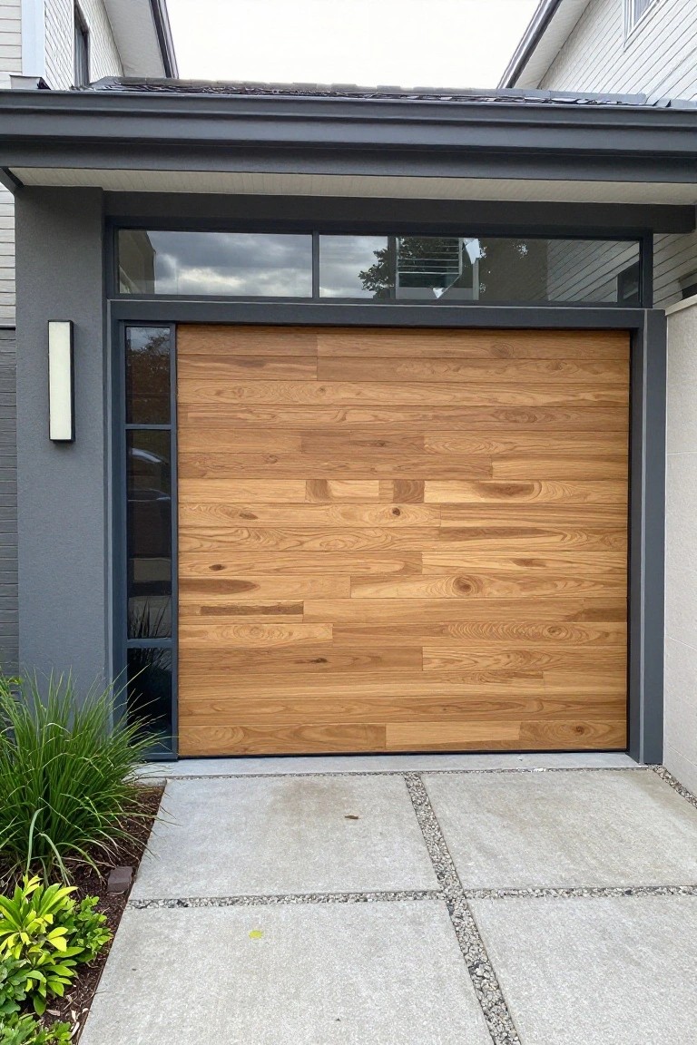 Modern wooden garage door with horizontal planks, dark frame, and transom window