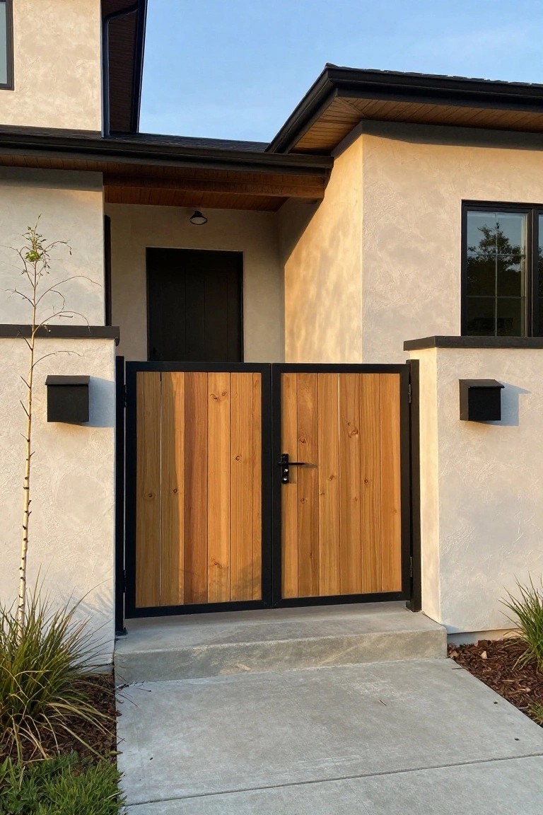 Double wooden gate with vertical slats in a black frame at the entrance of a modern house.