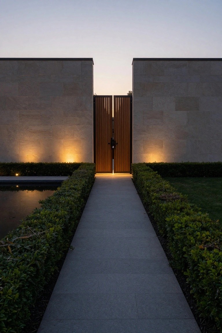 A concrete path leads to a tall wooden gate with vertical slats, set between two stone walls and bordered by low green hedges with a pool visible on the left.