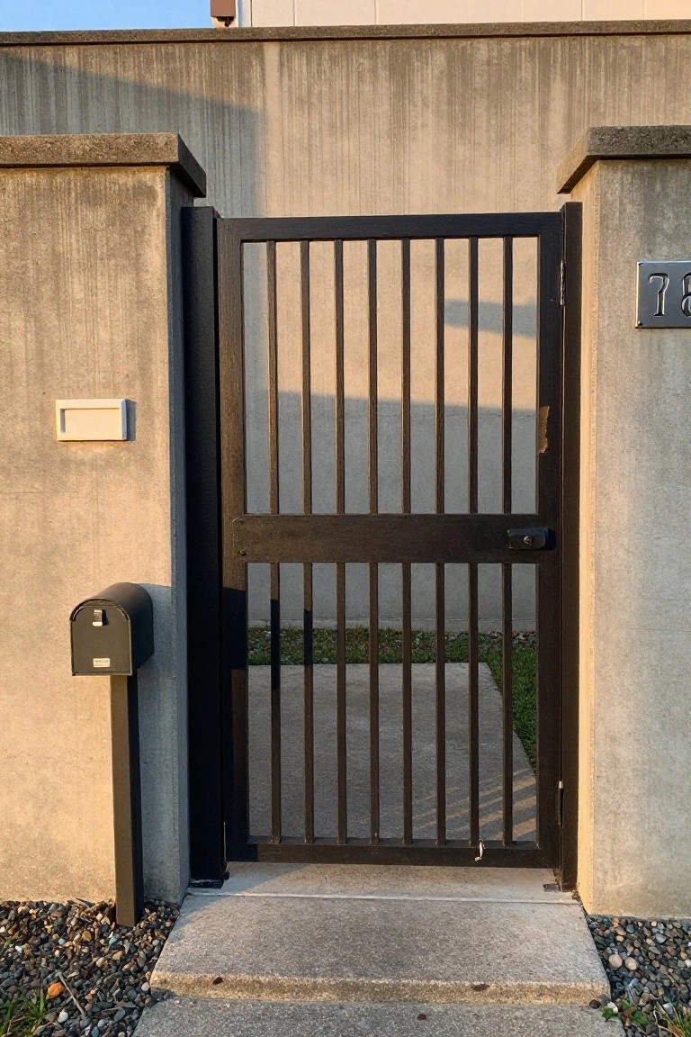 A dark wooden gate with vertical slats is set between concrete walls at a house entrance.