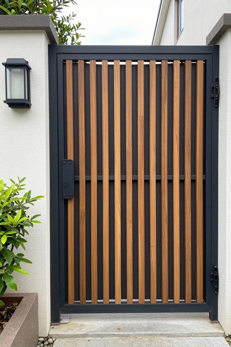 A black metal gate with vertical wooden slats installed between white walls at a home entrance.