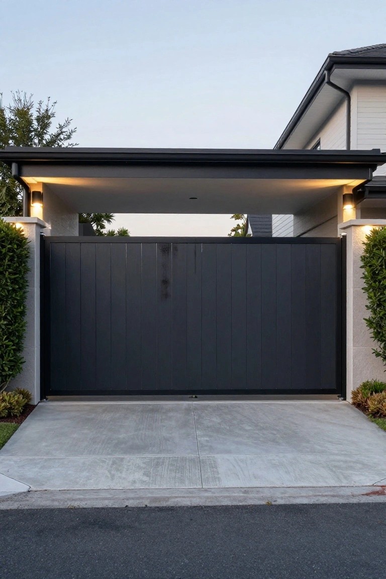 A dark vertical slatted gate spans the front of a house under a flat roof carport with a concrete driveway in front.