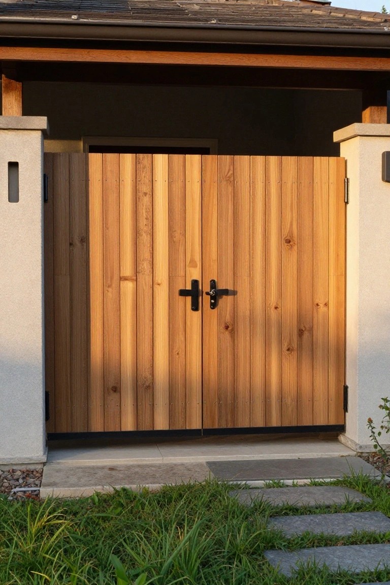 A double wooden gate made of vertical slats stands between two stone pillars, with black metal hinges and a latch, set in front of a house entrance with grass and stone steps in the foreground.