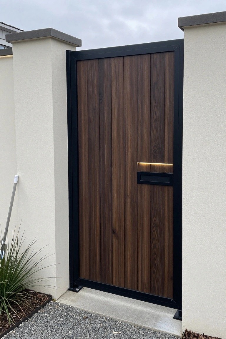 A wooden gate with vertical dark wood slats set in a black frame between two light stucco pillars.