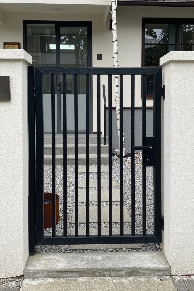 A black metal gate with vertical slats stands open in front of a modern house, showing a gravel path with stone steps leading to the entrance.