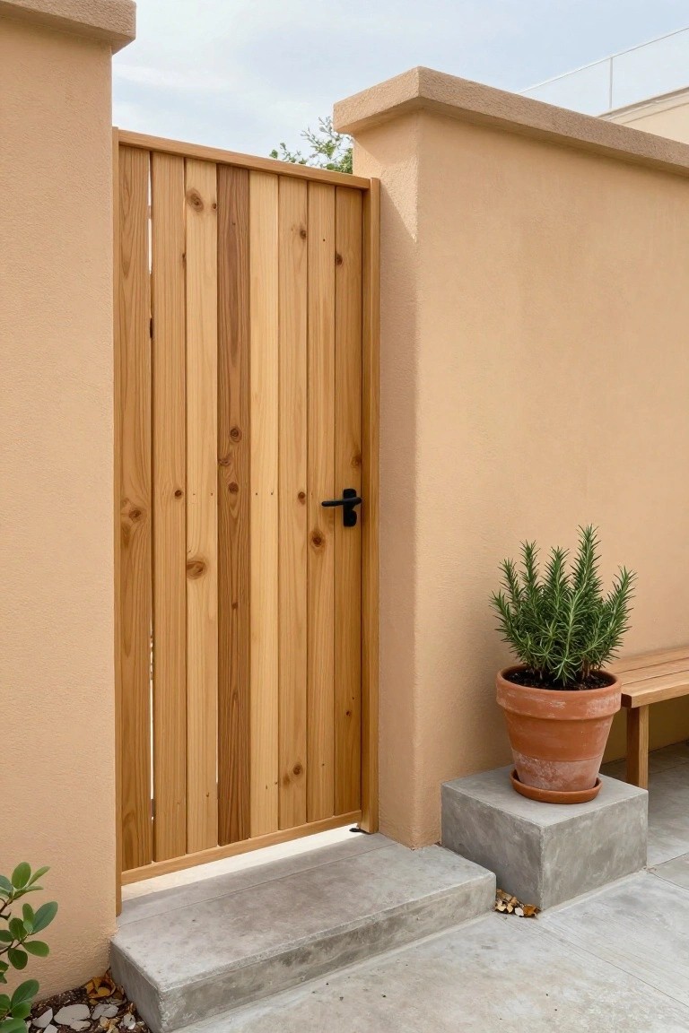 Wooden gate in beige stucco wall beside potted green plant on concrete block