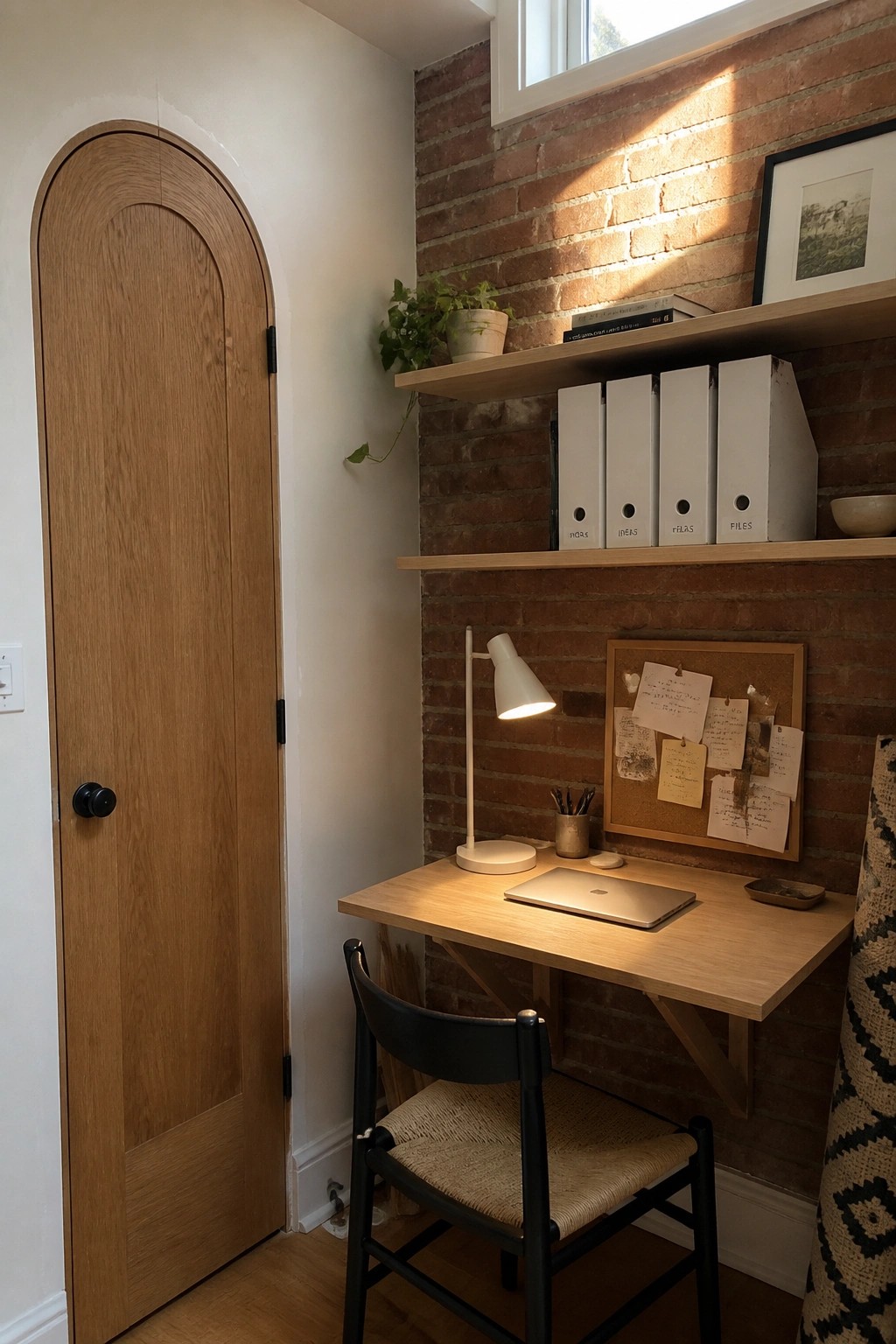 Arched wooden door beside desk with laptop, lamp, and shelves on brick wall