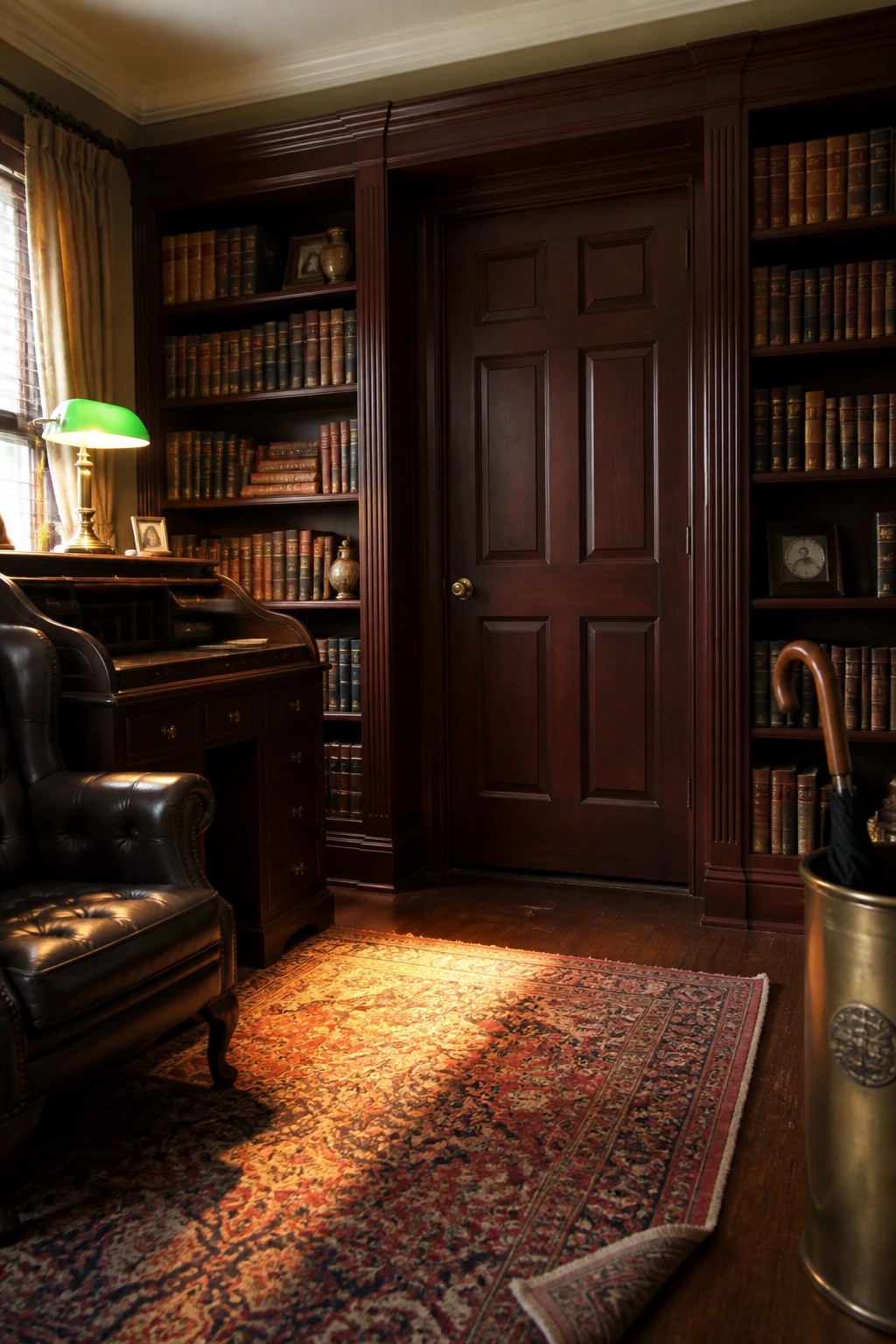 A dark wooden six-panel door centered between tall built-in bookshelves filled with books in a home office.
