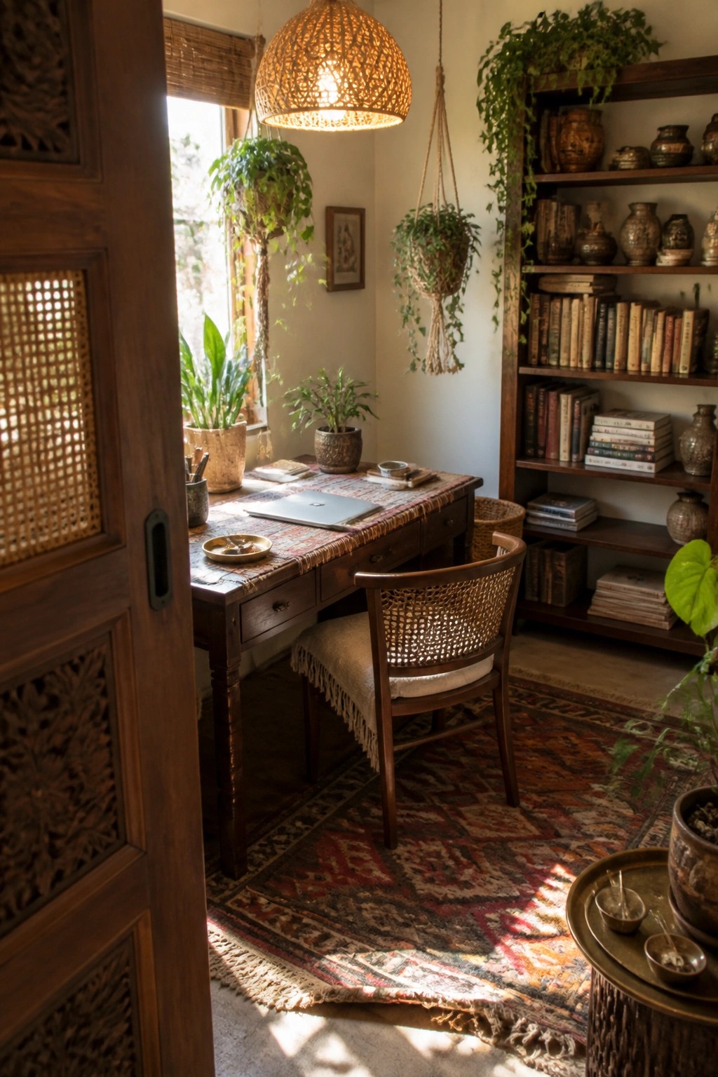An open carved wooden door with a woven panel reveals a home office with a wooden desk, woven-back chair, bookshelves, and hanging plants.