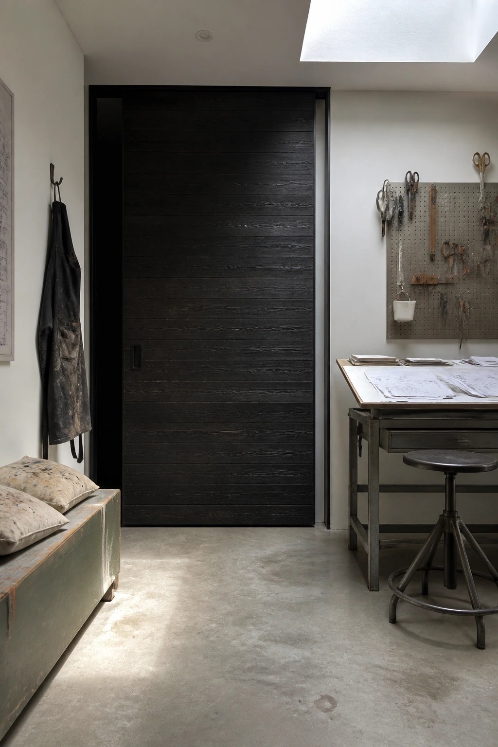 A tall dark wooden door with horizontal grain stands in a minimalist studio between a green bench and a metal workbench with tools on a pegboard.