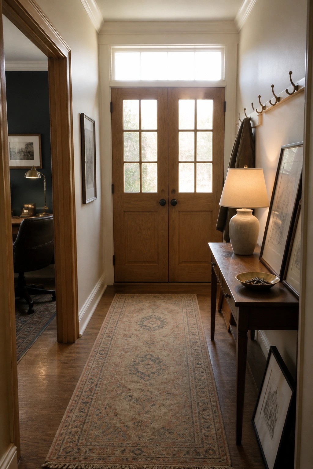 A long hallway with a runner rug leads to a pair of wooden double doors with glass panes, and an office with a desk and chair is visible through an open doorway on the left.